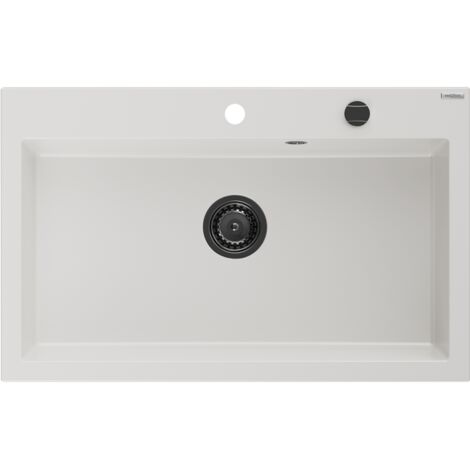 Mexen Elix fregadero de granito de 1 cubeta 800 x 500 mm, blanco, sif贸n negro - 6527801005-20-B