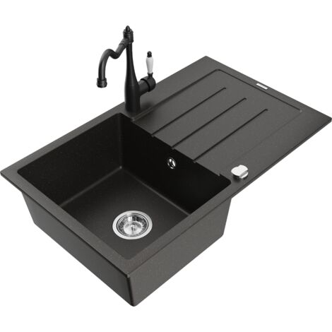 Mexen Bruno fregadero de granito de 1 cubeta con escurridor y grifo de cocina Carla, negro/dorado met谩lico - 6513-75-670700-70 (1/5)