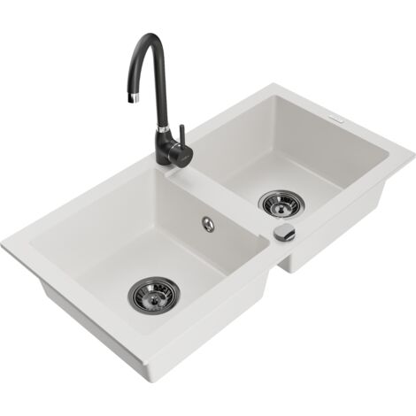 Mexen Mario fregadero de granito de 2 senos con grifo de cocina Telma, blanco - 6504-20-670200-70 (1/5)