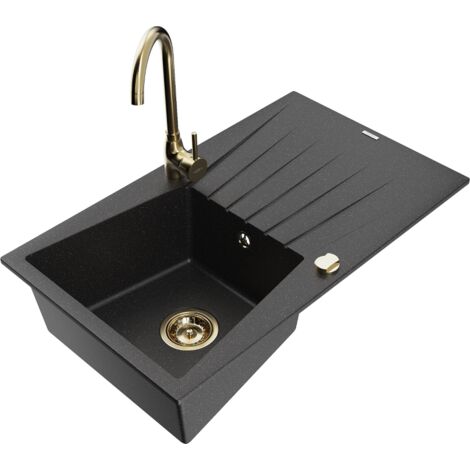 Mexen Cesar fregadero de granito de 1 cubeta con escurridor y grifo de cocina Telma, negro/plata - 6514-73-670200-50 (1/5)