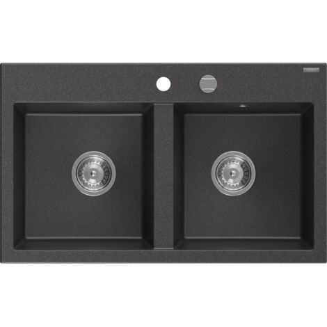 Mexen Hektor fregadero de granito de 2 compartimentos 800 x 480 mm, negro moteado, sif贸n cromado - 6521802000-76