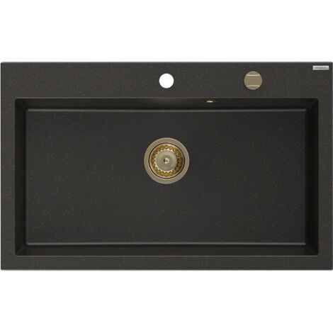 Mexen Elix fregadero de granito de 1 cubeta 800 x 500 mm, negro/dorado met谩lico, sif贸n dorado - 6527801005-75-G