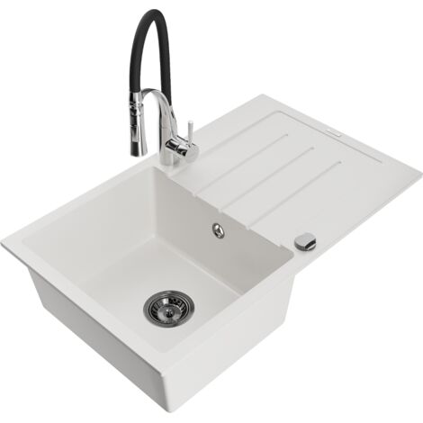 Mexen Bruno fregadero de granito de 1 seno con escurridor y grifo de cocina Aster, blanco - 6513-20-73450-07-B (1/5)
