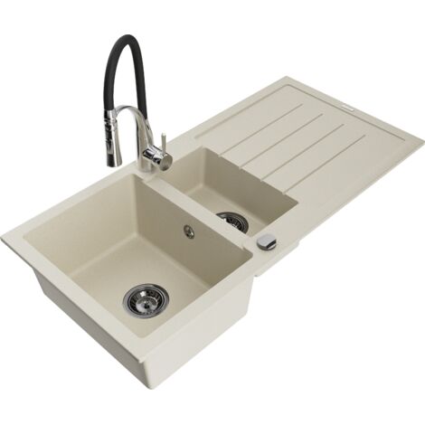 Mexen Andres fregadero de granito de 1,5 senos con escurridor y grifo de cocina Aster, beige - 6515-69-73450-07-B