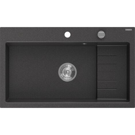 Mexen Omar fregadero de granito 1 cubeta 800 x 480 mm, negro moteado, sif贸n cromado - 6520801005-76