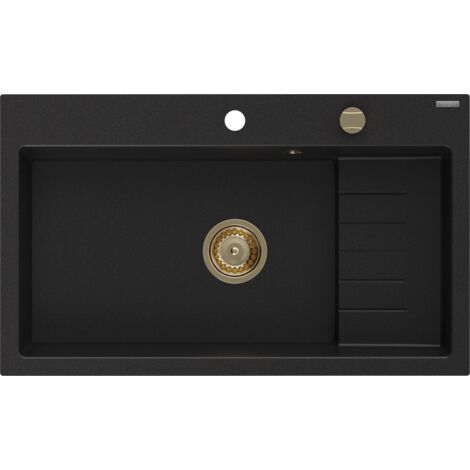 Mexen Omar fregadero de granito 1-cubeta 800 x 480 mm, negro, sif贸n dorado - 6520801005-77-G (1/5)