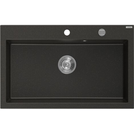 Mexen Elix fregadero de granito de 1 cubeta 800 x 500 mm, negro/dorado met谩lico, sif贸n cromo - 6527801005-75