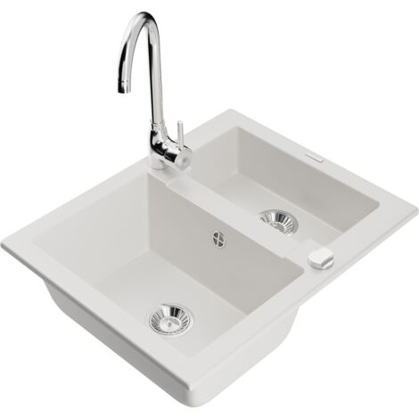 Mexen Carlos fregadero de granito 1,5 senos con grifo de cocina Telma, blanco - 6518-20-670200-00 (1/5)