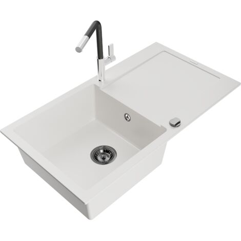Mexen Leo fregadero de granito de 1 cubeta con escurridor y grifo de cocina Flora, blanco - 6501-20-670401-07-B (1/5)
