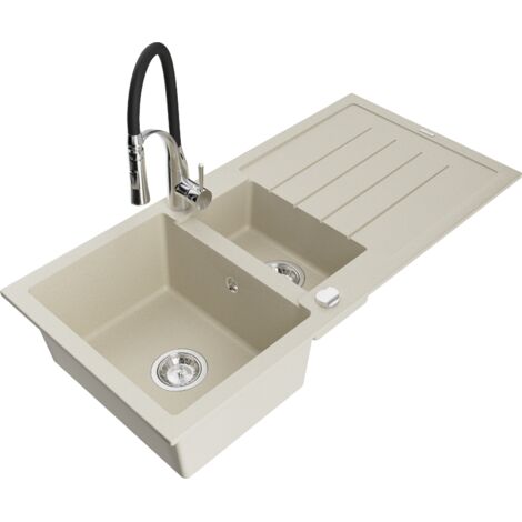 Mexen Andres fregadero de granito de 1,5 senos con escurridor y grifo de cocina Aster, beige - 6515-69-73450-07