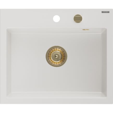 Mexen Oscar fregadero de granito de 1 c谩mara 580 x 490 mm, blanco, sif贸n dorado - 6519581000-20-G