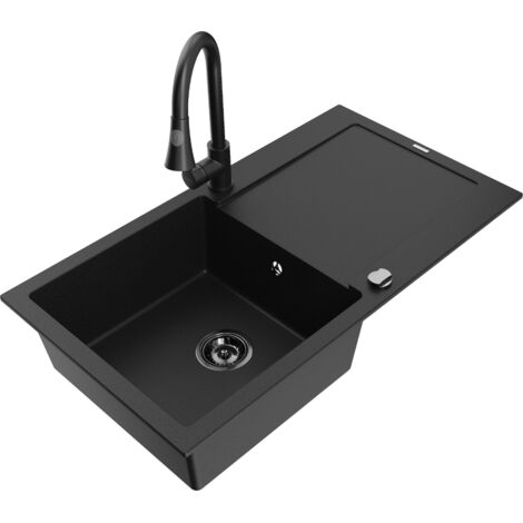 Mexen Leo fregadero de granito de 1 seno con escurridor y grifo de cocina Elia, negro - 6501-77-670101-70-B (1/5)