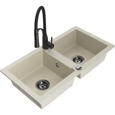 Mexen Mario fregadero de granito de 2 cubetas con grifo de cocina Aster, beige - 6504-69-73450-70-B (1/5)