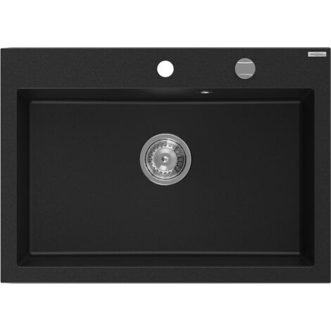 Mexen Elix fregadero de cocina de granito 1 c谩mara 700 x 500 mm, negro, sif贸n cromo - 6526701005-77 (1/5)
