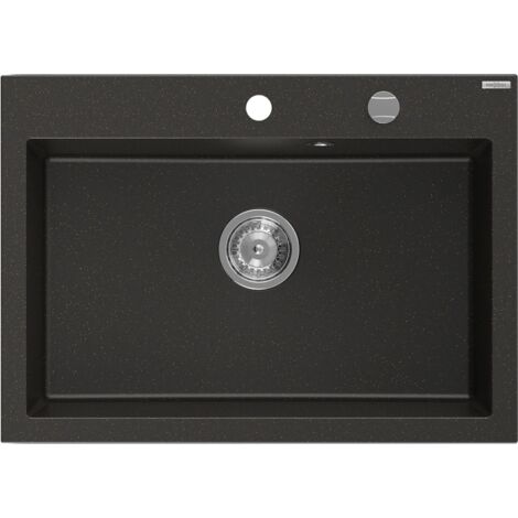 Mexen Elix fregadero de granito de 1 taz贸n 700 x 500 mm, negro/dorado met谩lico, sif贸n cromado - 6526701005-75