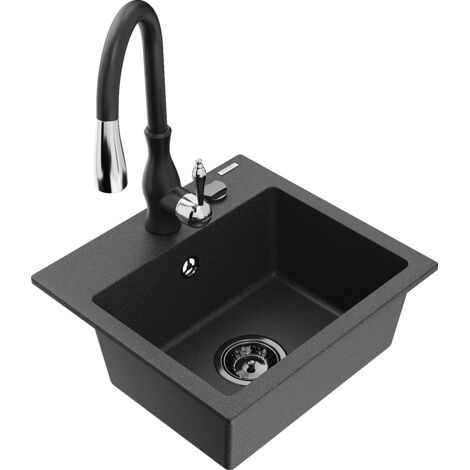 Mexen Milo fregadero de granito de 1 cubeta con grifo de cocina Savita, negro moteado - 6505-76-672601-70-B (1/5)
