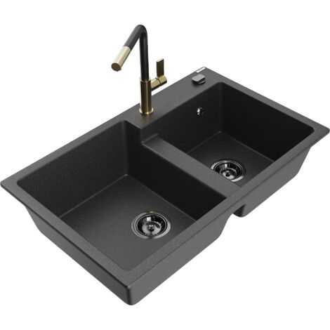 Mexen Tomas fregadero de granito de 2 compartimentos con grifo de cocina Flora, negro moteado - 6516-76-670401-57-B (1/5)
