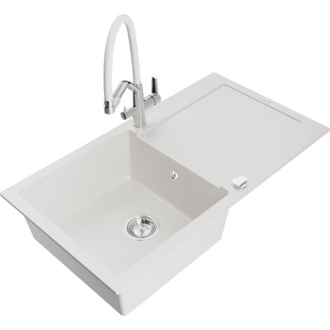 Mexen Leo fregadero de granito de 1 taz贸n con escurridor y grifo de cocina Duo, blanco - 6501-20-671701-02 (1/5)