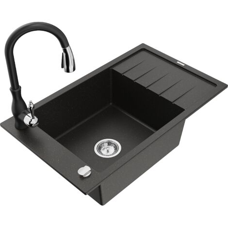 Mexen Elias fregadero de granito de 1 cubeta con escurridor y grifo de cocina Savita, negro/dorado met谩lico - 6511-75-672601-70 (1/5)