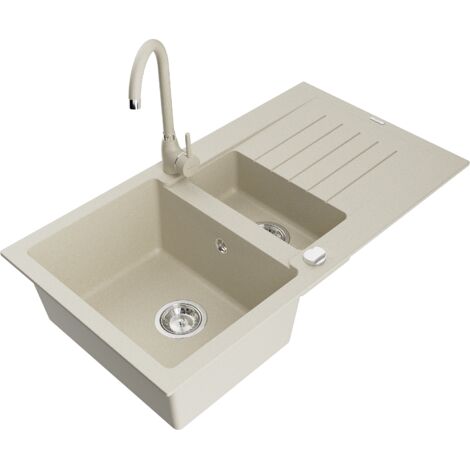 Mexen Matias fregadero de granito de 1,5 senos con escurridor y grifo de cocina Telma, beige - 6502-69-670200-69