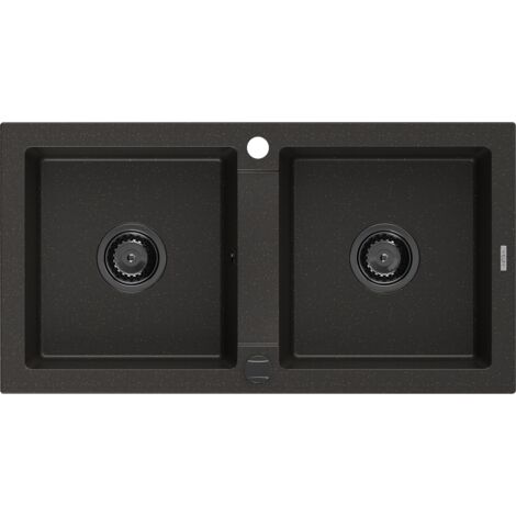 Mexen Mario fregadero de granito de 2 senos 820 x 436 mm, negro/oro met谩lico, sif贸n negro - 6504822000-75-B