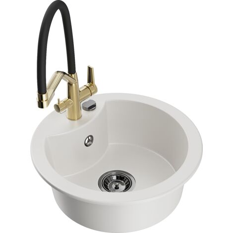 Mexen Diego fregadero de cocina de granito de 1 cubeta con grifo Duo, blanco - 6512-20-671701-57-B (1/5)