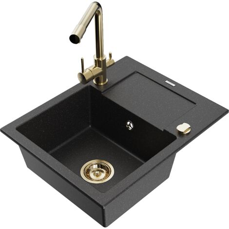 Mexen Enzo fregadero de granito de 1 cubeta con escurridor y grifo de cocina Duero, negro/plateado met谩lico - 6506-73-671600-50 (1/5)