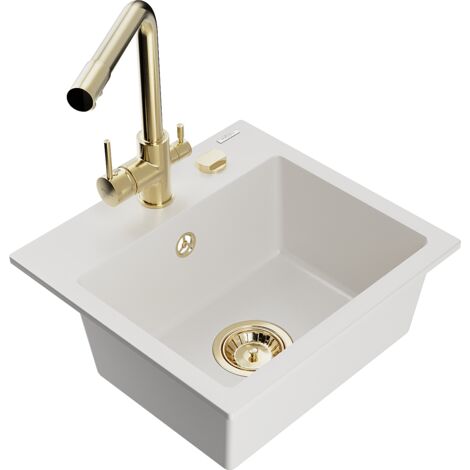 Mexen Milo fregadero de granito de 1 cubeta con grifo de cocina Duero, blanco - 6505-20-671600-50 (1/5)