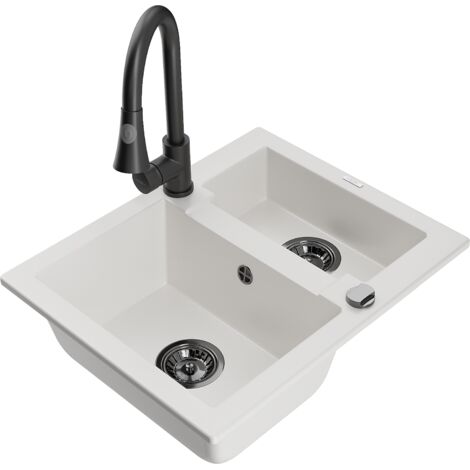 Mexen Carlos fregadero de granito 1,5 compartimentos con grifo de cocina Elia, blanco - 6518-20-670101-70 (1/5)