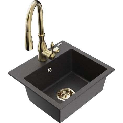 Mexen Milo fregadero de granito de 1 cubeta con grifo de cocina Savita, negro moteado - 6505-76-672601-50 (1/5)