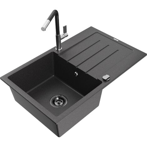 Mexen Bruno fregadero de granito de 1 cubeta con escurridor y grifo de cocina Flora, negro moteado - 6513-76-670401-07-B (1/5)