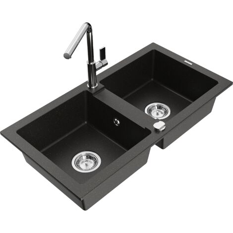 Mexen Mario fregadero de granito de 2 compartimentos con grifo de cocina Flora, negro/metalizado dorado - 6504-75-670401-00 (1/5)