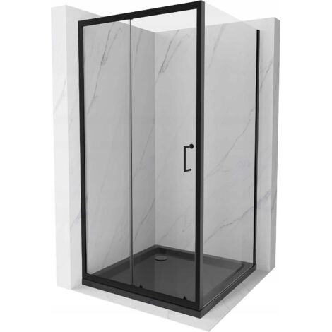 Mexen Apia cabina de ducha corredera 90 x 90 cm, transparente, negra + plato de ducha Flat, negro - 840-090-090-70-00-4070B (1/5)