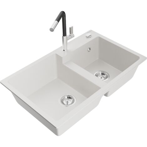 Mexen Tomas fregadero de granito de 2 senos con grifo de cocina Flora, blanco - 6516-20-670401-07