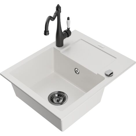 Mexen Enzo fregadero de granito de 1 cubeta con escurridor y grifo de cocina Carla, blanco - 6506-20-670700-70 (1/5)