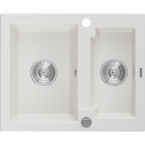 Mexen Carlos fregadero de granito de 1,5 senos 582 x 475 mm, blanco, sif贸n cromado - 6518581500-20