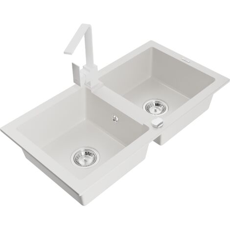 Mexen Mario fregadero de granito de 2 cubetas con grifo de cocina Rita, blanco - 6504-20-670300-20