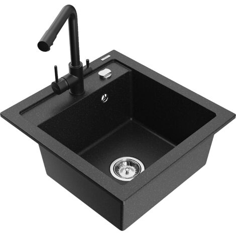Mexen Vito fregadero de granito de 1 cubeta con grifo de cocina Duero, negro/metalizado plateado - 6503-73-671600-70