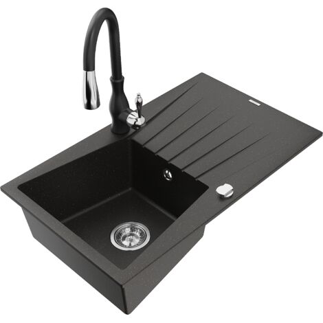 Mexen Cesar fregadero de granito de 1 cubeta con escurridor y grifo de cocina Savita, negro/metalizado dorado (1/5)