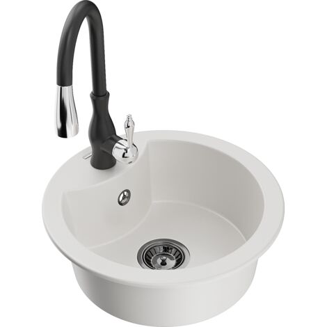 Mexen Diego fregadero de granito de 1 cuenca con grifo de cocina Savita, blanco - 6512-20-672601-70 (1/5)