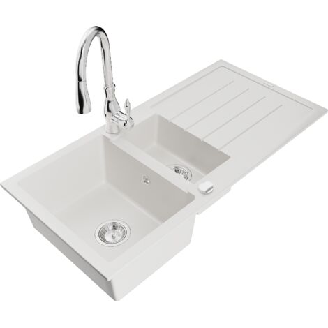 Mexen Andres fregadero de granito 1,5 tazones con escurridor y grifo de cocina Savita, blanco - 6515-20-672601-00 (1/5)