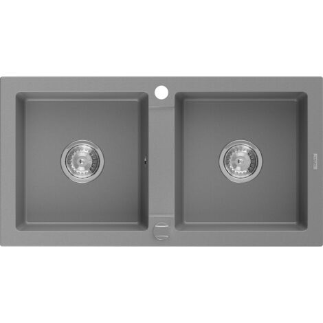 Mexen Mario fregadero de granito 2 senos 820 x 436 mm, gris, sif贸n cromado - 6504822000-71