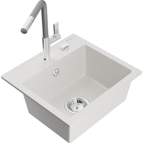 Mexen Milo fregadero de granito de 1 compartimento con grifo de cocina Flora, blanco - 6505-20-670401-06 (1/5)