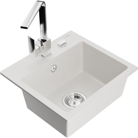 Mexen Milo fregadero de granito de 1 cubeta con grifo de cocina Rita, blanco - 6505-20-670300-00 (1/5)