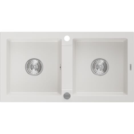 Mexen Mario fregadero de granito de 2 compartimentos 820 x 436 mm, blanco, sif贸n cromado - 6504822000-20