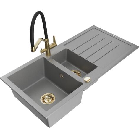 Mexen Andres fregadero de granito de 1,5 senos con escurridor y grifo de cocina Duo, gris - 6515-71-671701-57-G (1/5)
