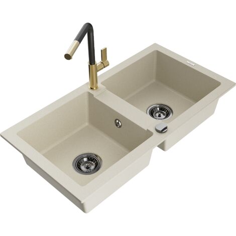 Mexen Mario fregadero de granito de 2 compartimentos con grifo de cocina Flora, beige - 6504-69-670401-57-B (1/5)