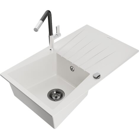 Mexen Cesar fregadero de granito de 1 cubeta con escurridor y grifo de cocina Flora, blanco - 6514-20-670401-07-B (1/5)