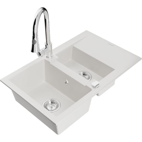 Mexen Gaspar fregadero de granito de 1,5 senos con escurridor y grifo de cocina Elia, blanco - 6507-20-670101-00