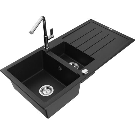 VBChome Fregadero De Granito Negro, 77 X 44 Cm, Empotrable, Reversible, Con Sifón